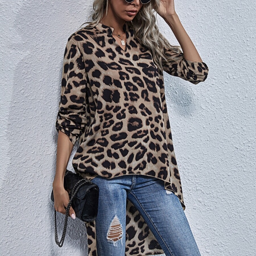 Khaki Black Leopard Animal Print High Low Tunic top - Picture 10 of 13